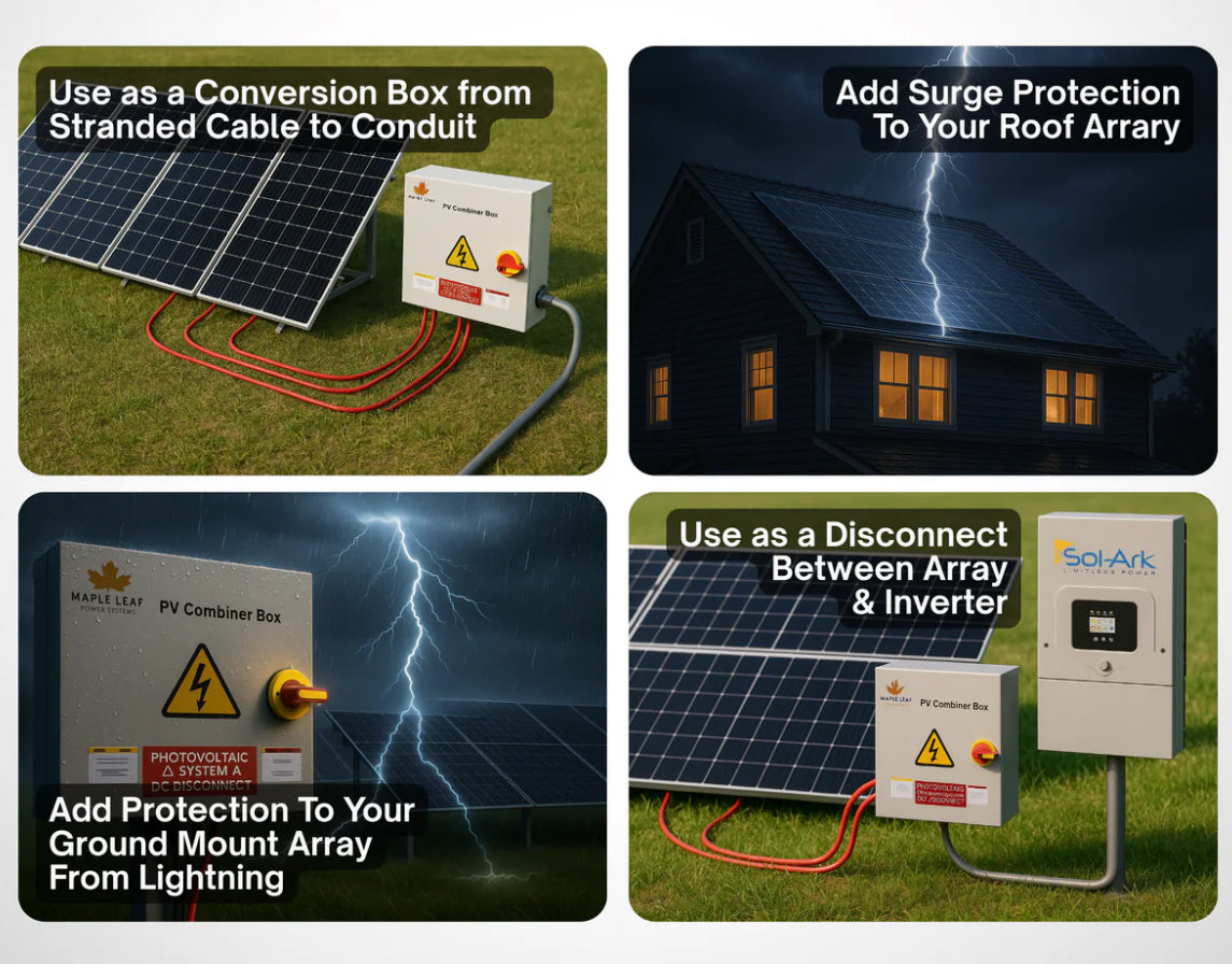 Maple Leaf Solar Combiner Box - 600 VDC Disconnect Box 2-In 2-Out | W/ Surge Protection | IP65 Waterproof & Lightning Arrester