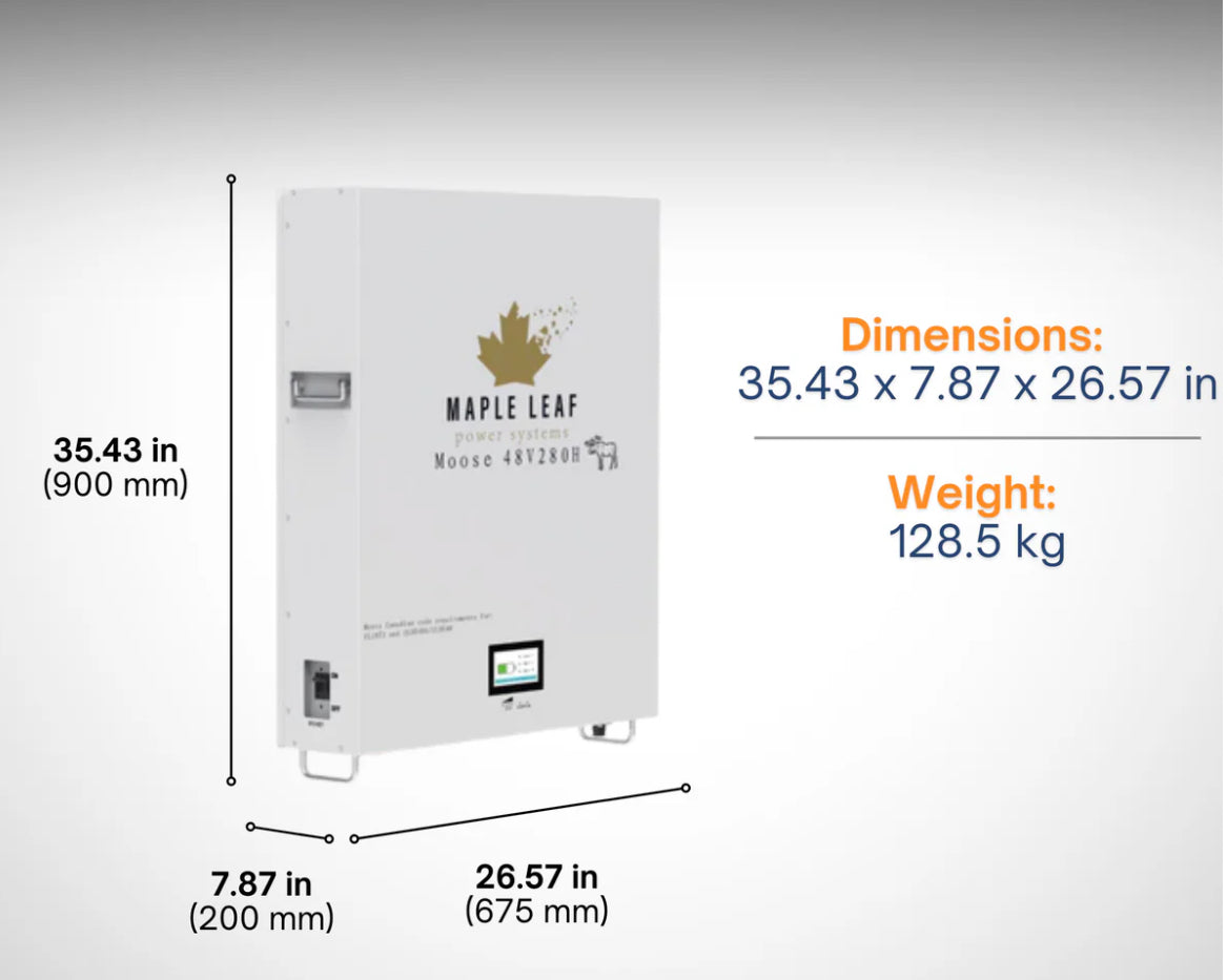 Maple Leaf 14.34KW 48V 280A MOOSE Wall-mounted Lithium Batteries (LiFePO4) – LCD Touchscreen | W/ Heater & Cables | UL1973-UL9540A, UL9540 Certified
