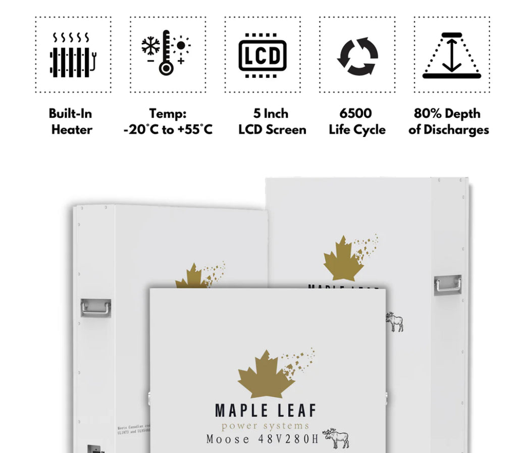 Maple Leaf 14.34KW 48V 280A MOOSE Wall-mounted Lithium Batteries (LiFePO4) – LCD Touchscreen | W/ Heater & Cables | UL1973-UL9540A, UL9540 Certified