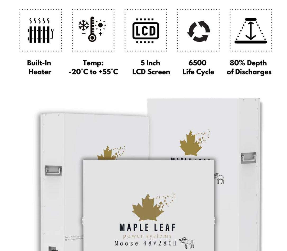 Maple Leaf 14.34KW 48V 280A MOOSE Wall-mounted Lithium Batteries (LiFePO4) – LCD Touchscreen | W/ Heater & Cables | UL1973-UL9540A, UL9540 Certified