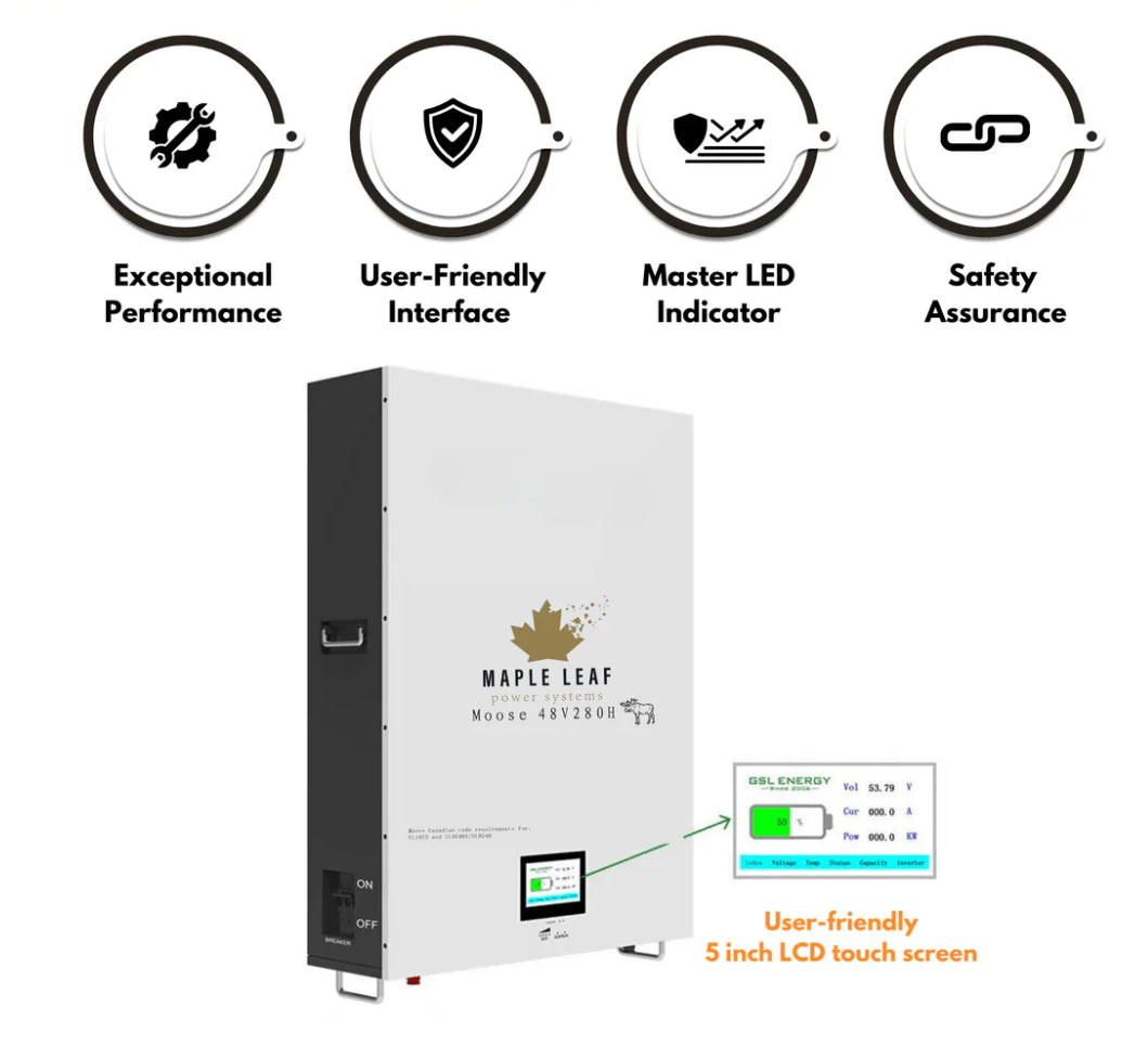 Maple Leaf 14.34KW 48V 280A MOOSE Wall-mounted Lithium Batteries (LiFePO4) – LCD Touchscreen | W/ Heater & Cables | UL1973-UL9540A, UL9540 Certified