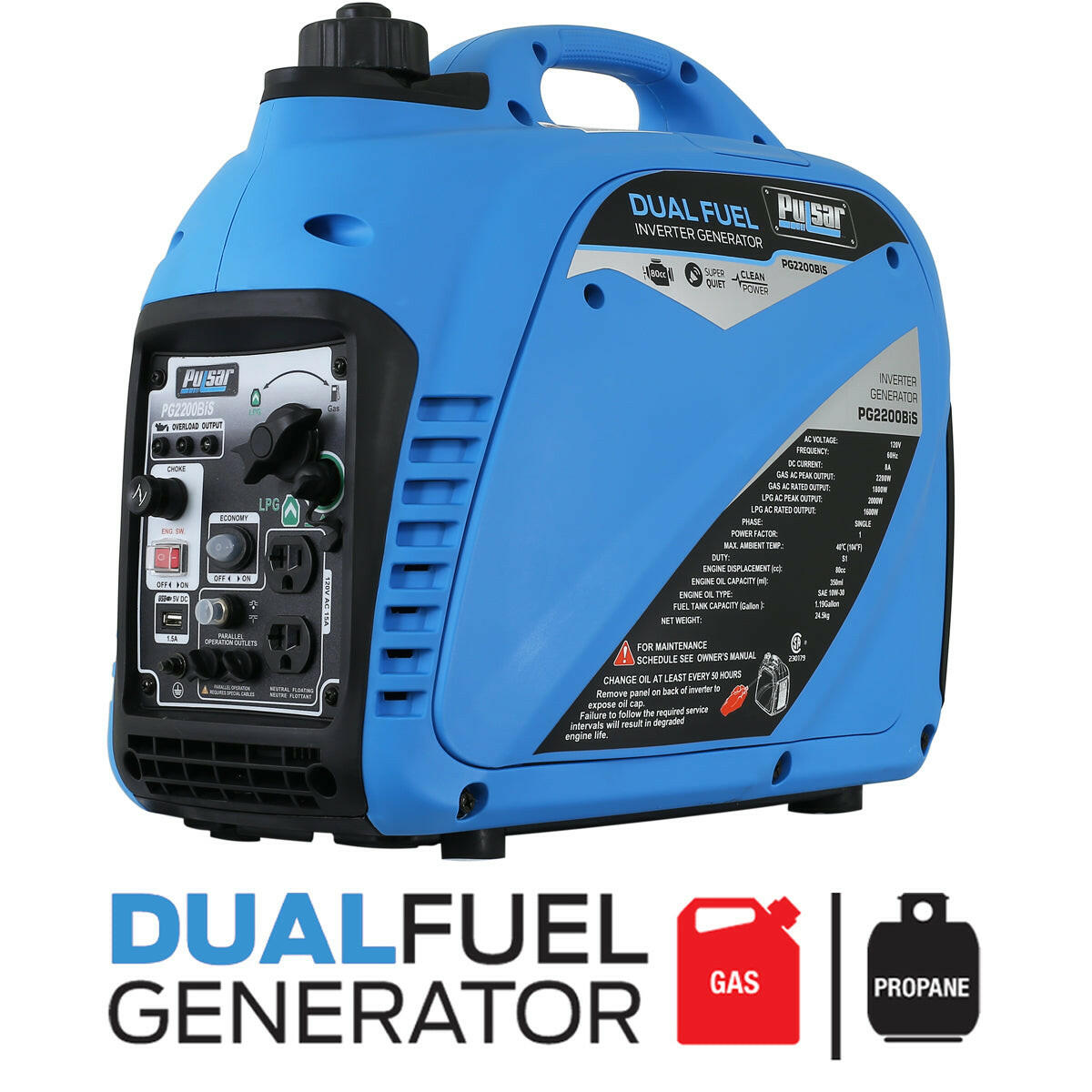 Pulsar 2200W Parallel Ready Portable Dual Fuel Inverter Generator PG2200BiS