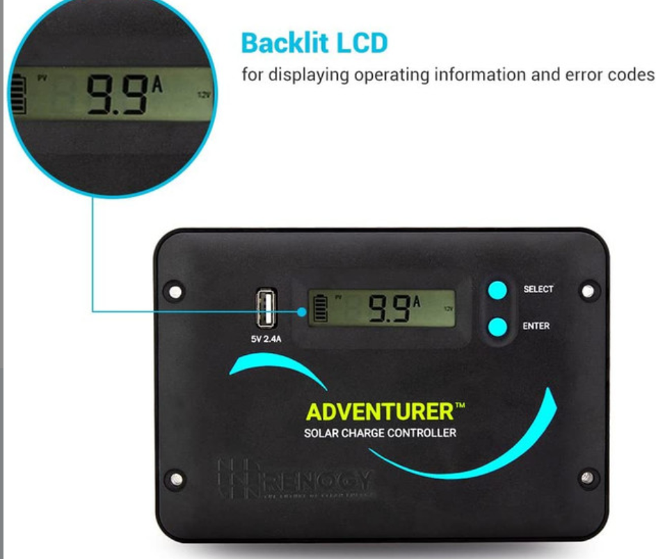 Adventurer Li 30A PWM Flush Mount Charge Controller w/ LCD Display 12V/24V